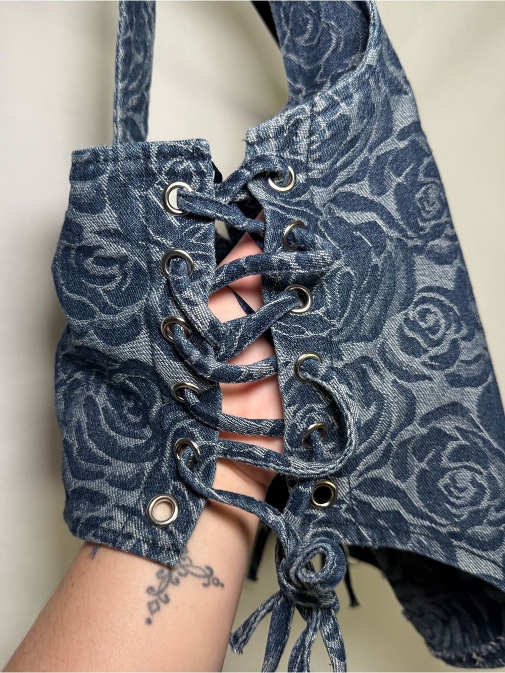 Altar'd State Floral Denim Corset Top Lace Up Blue Sage PT17573-5AS Large - Picture 4 of 6
